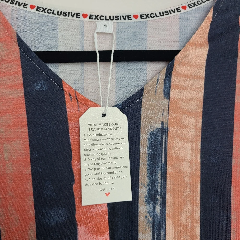 Exclusive Short Sleeve V-Neck Knit Mini Dress Stripes Blue Peach Size Small_8